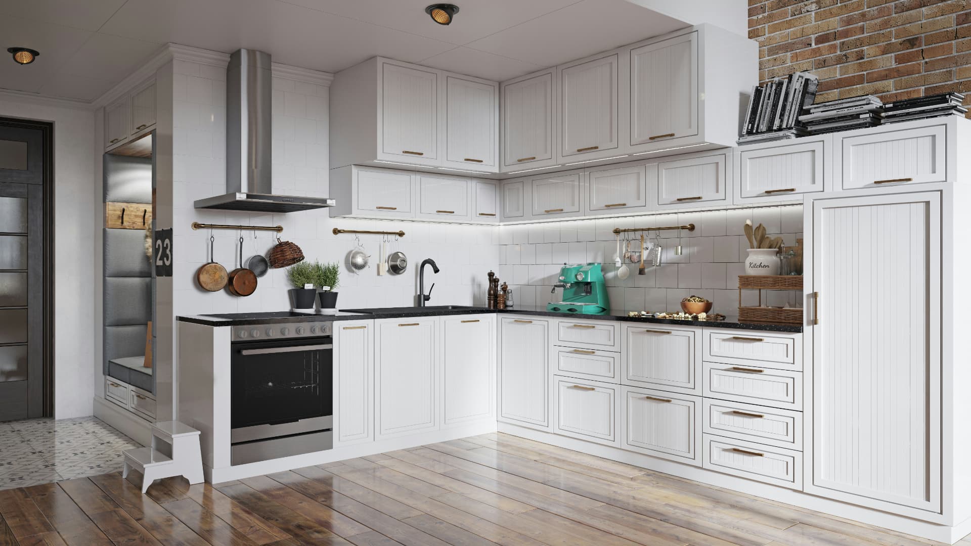 Custom white kitchen cabinets with brass hardware and a brick accent wall