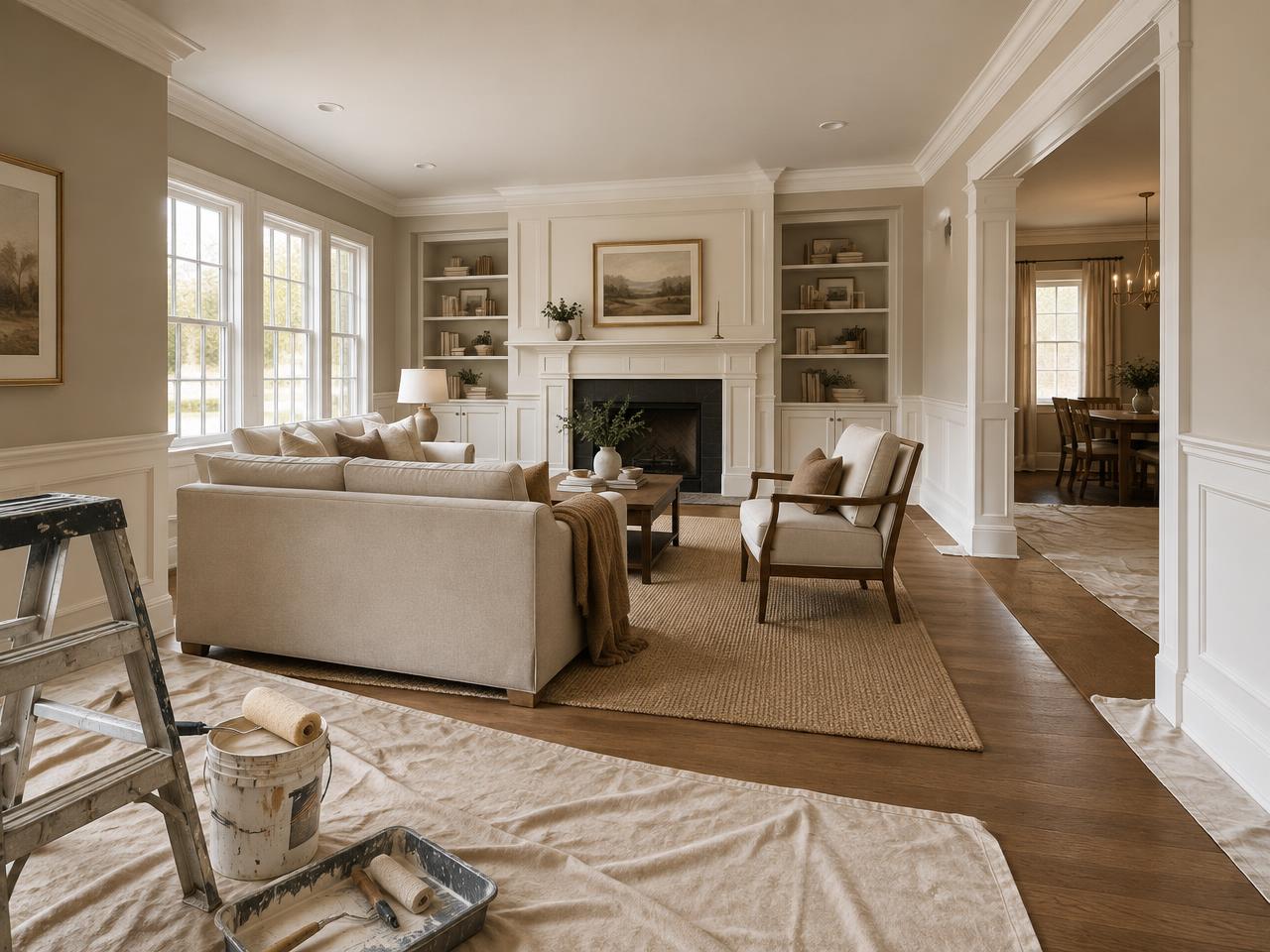 Freshly painted warm neutral living room with crisp trim and protected floors