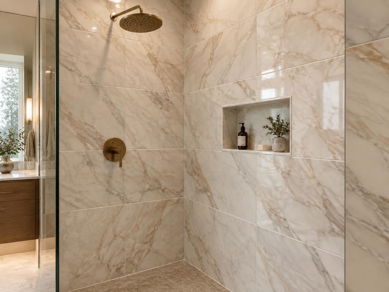 Newly installed large-format marble-look tile shower with brass fixtures
